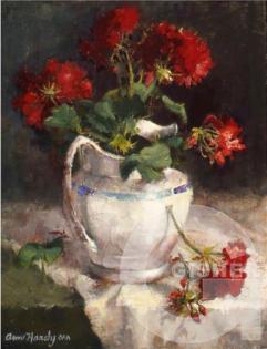 Red Geraniums in White Pitcher