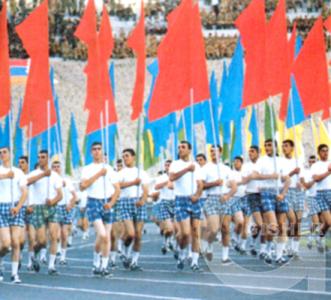 Sportsmen marching with flags